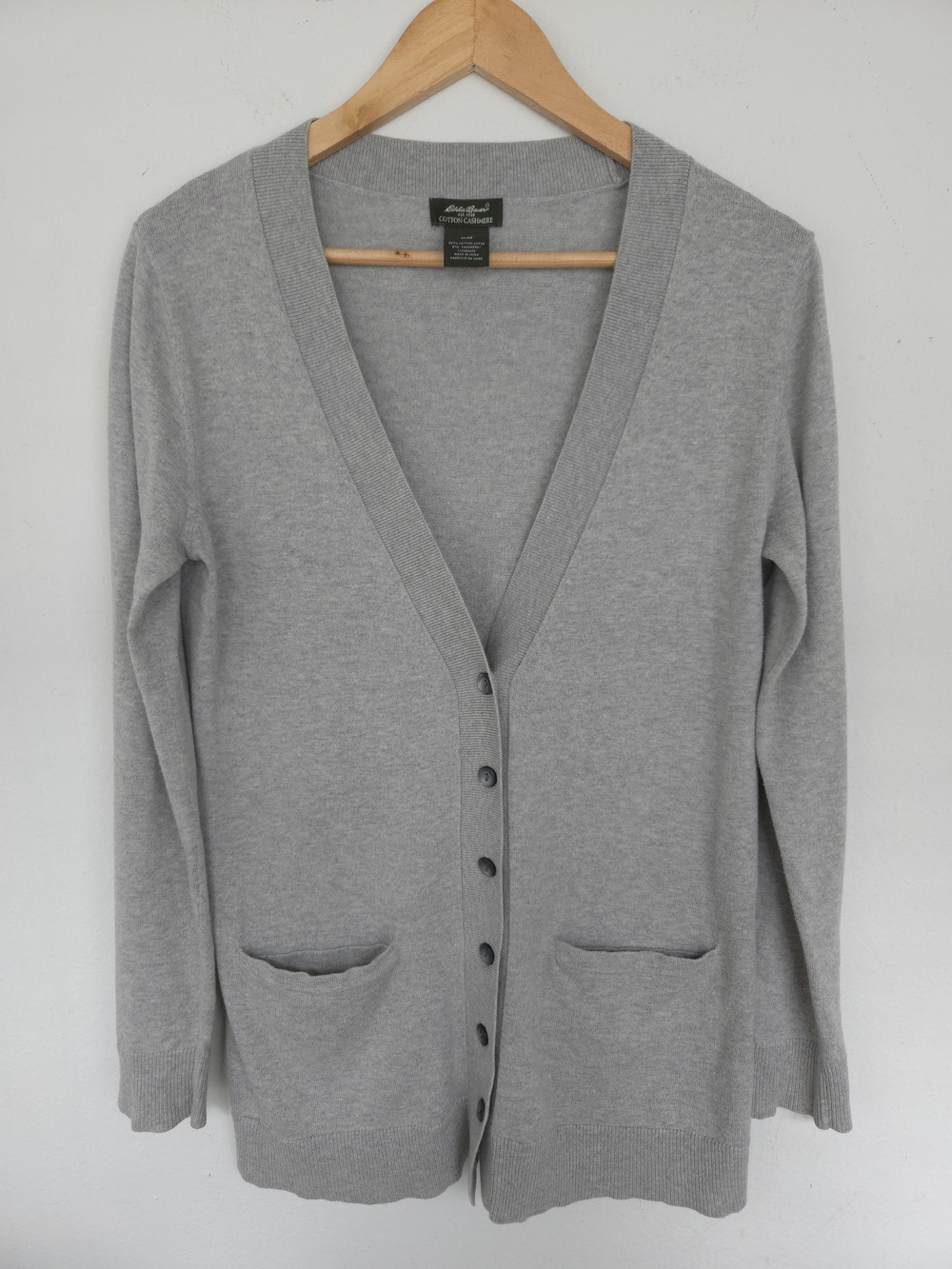 Eddie Bauer Cotton Cashmere Cardigan Sweater Heather Gray V-Neck Lagenlook M